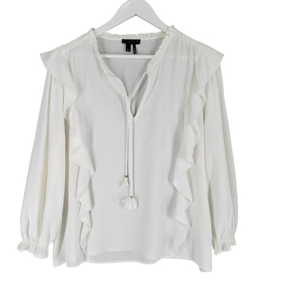 PAIGE Womens White Ruffled V Neck Tassel Tie Long Sleeve Blouse Top‎ XL cottage